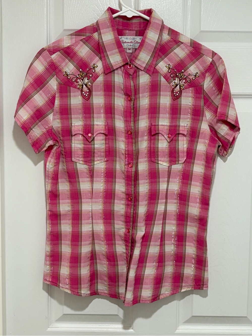 Women’s Pink & White Panhandle Slim Western Wear Top~Size Medium